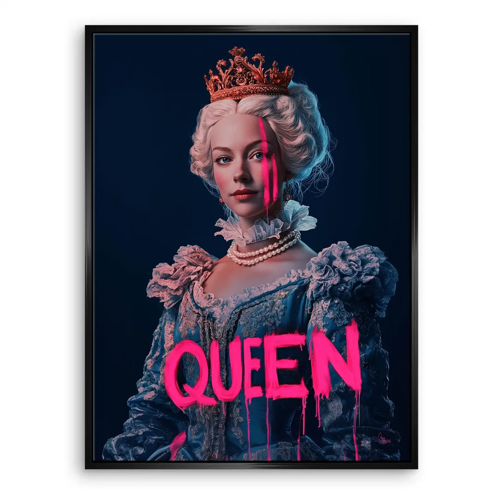 Deep blue background with bright neon pink queen artwork on canvas