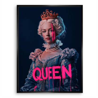 Deep blue background with bright neon pink queen artwork on canvas