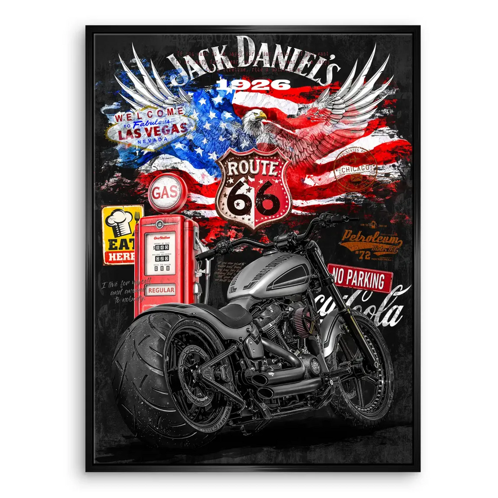 Gold accents frame the patriotic palette, contrasting with the grayscale motorcycle.