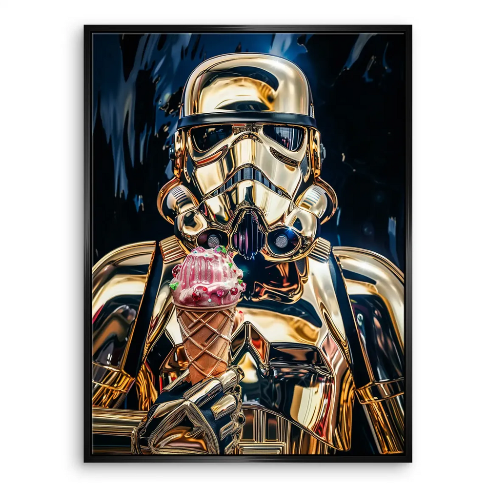 Luxurious gold armor reflecting light in a moody blue-black setting