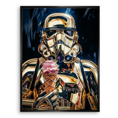 Luxurious gold armor reflecting light in a moody blue-black setting