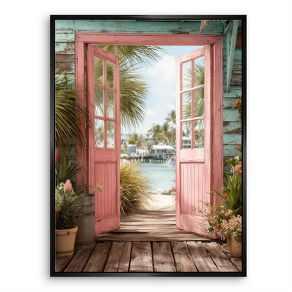 Distant stilt houses overlook a calm tropical shoreline under a bright sky.
