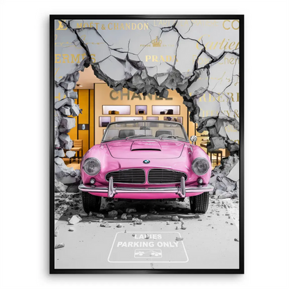 Coco Rebel Canvas Wall Art: Pink BMW Crashing Through Luxury Brands - Image 7