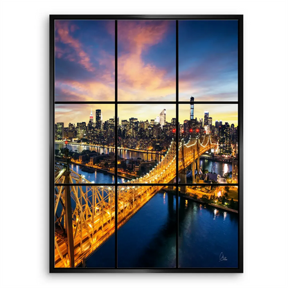 Vibrant city lights and purple sunset tones on contemporary wall art