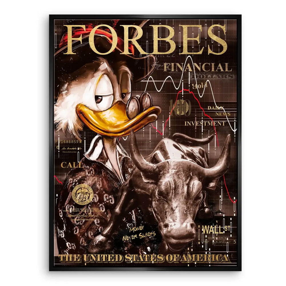 Typography elements MONEY NEVER SLEEPS and WALL ST integrated into the artwork.