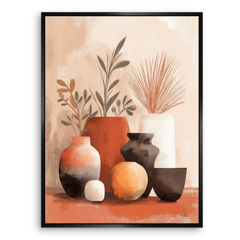 Warm burnt orange and charcoal accents in a calm, sophisticated mural.