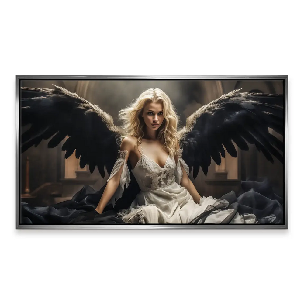Canvas wall art featuring a black-winged woman ideal as a bold living room focal point.