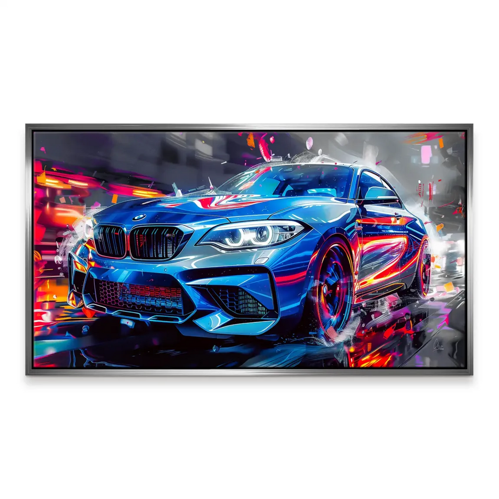 Contemporary interior decor with bold abstract car art on the wall.