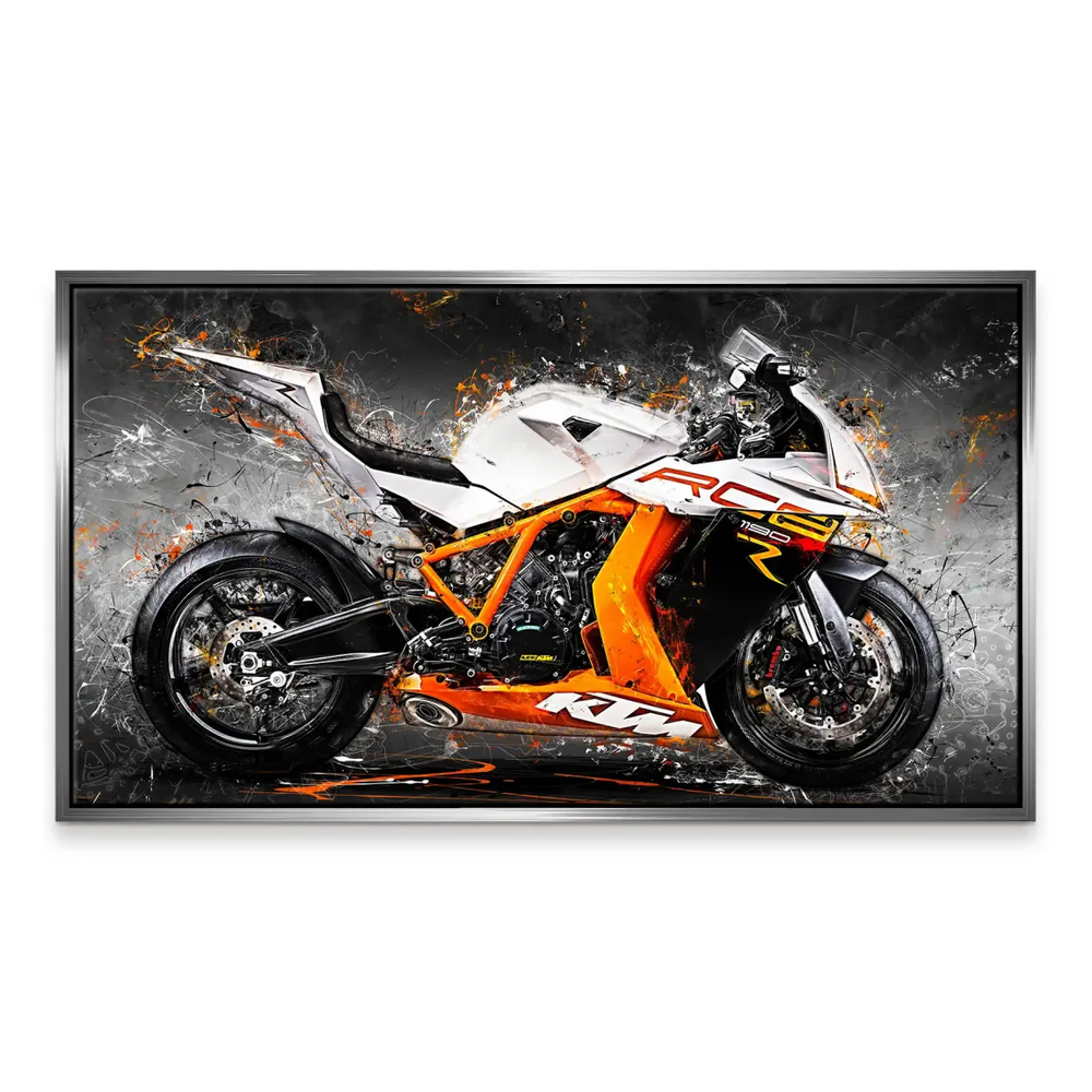 Modern wall decor highlighting movement and speed in orange, white, and grey tones.