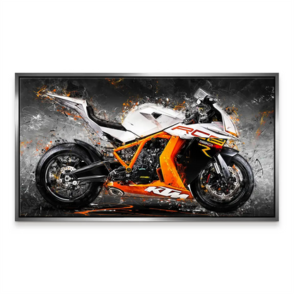 Modern wall decor highlighting movement and speed in orange, white, and grey tones.