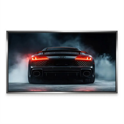Cinematic lighting highlights the car against a shadowy industrial setting.