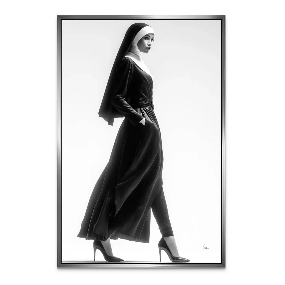 Contemporary wall art featuring religious iconography reimagined as couture fashion.