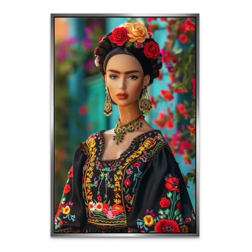 Gold and jewel-toned jewelry accents on the Frida Barbie canvas art.