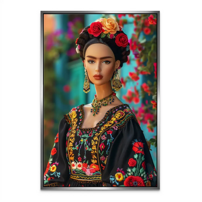 Gold and jewel-toned jewelry accents on the Frida Barbie canvas art.