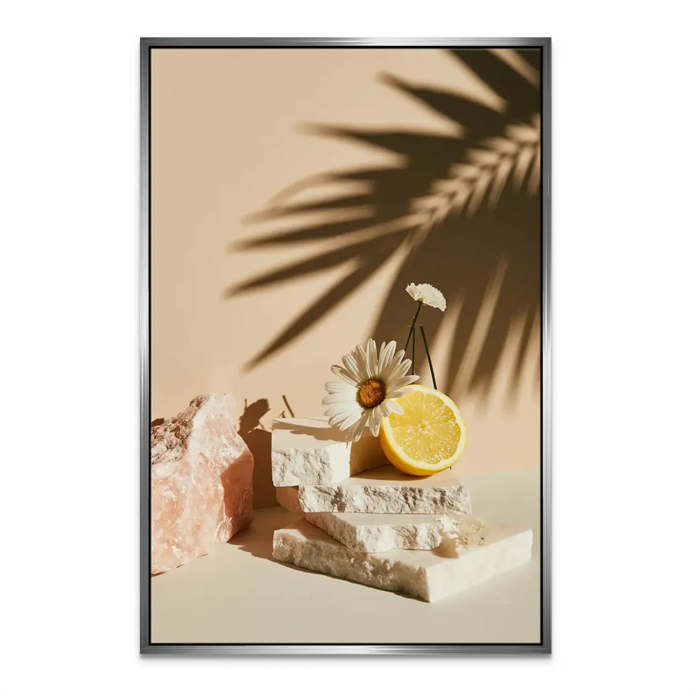 Bright yellow lemon with pale pink accents in a contemporary canvas