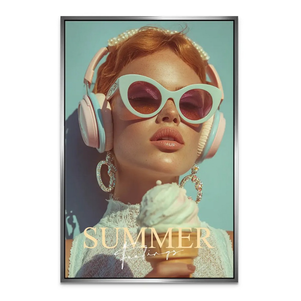Light blue backdrop with the inscription SUMMER feelings in a stylish art canvas.