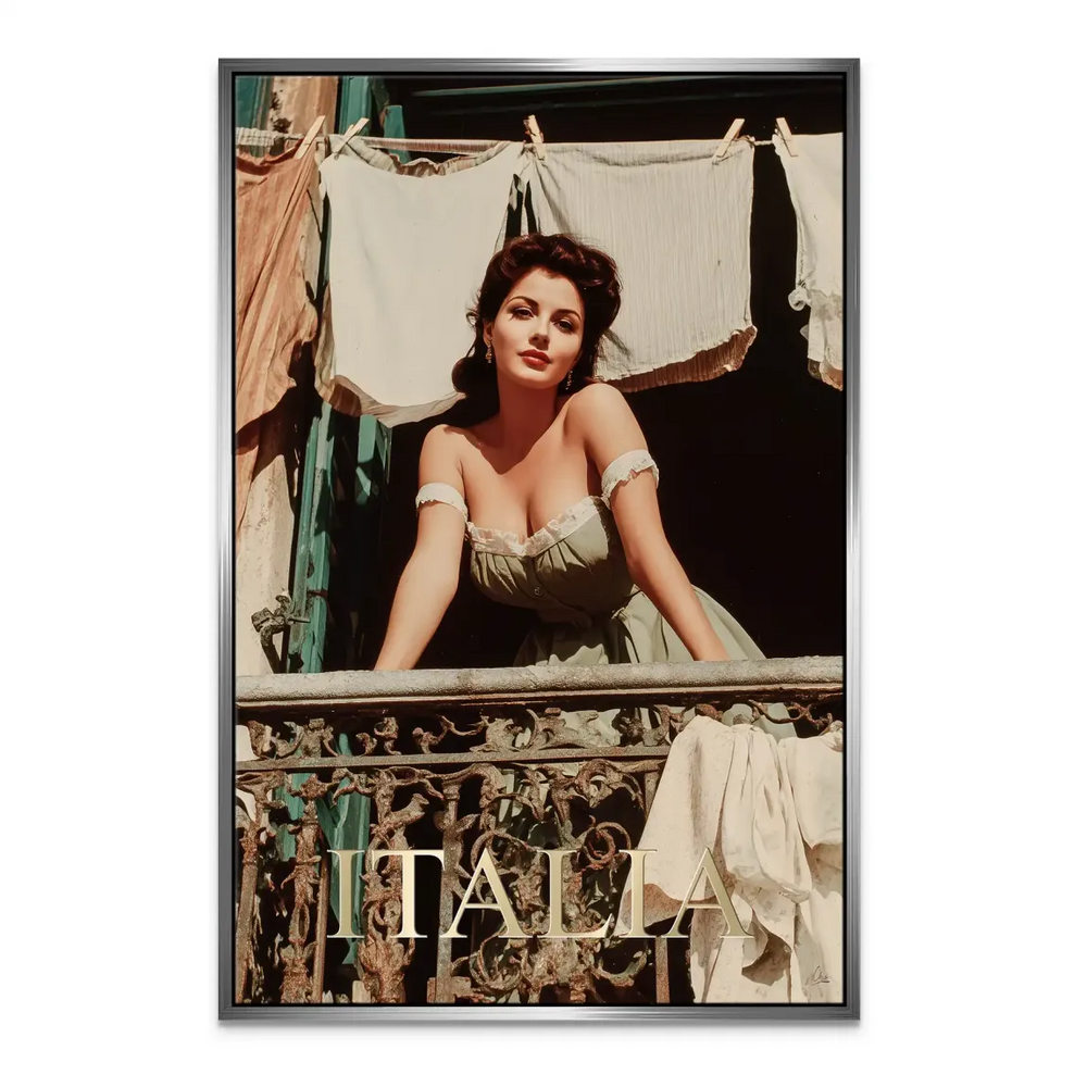 Beautiful Woman on a Rustic Balcony Canvas Wall Art - Image 7