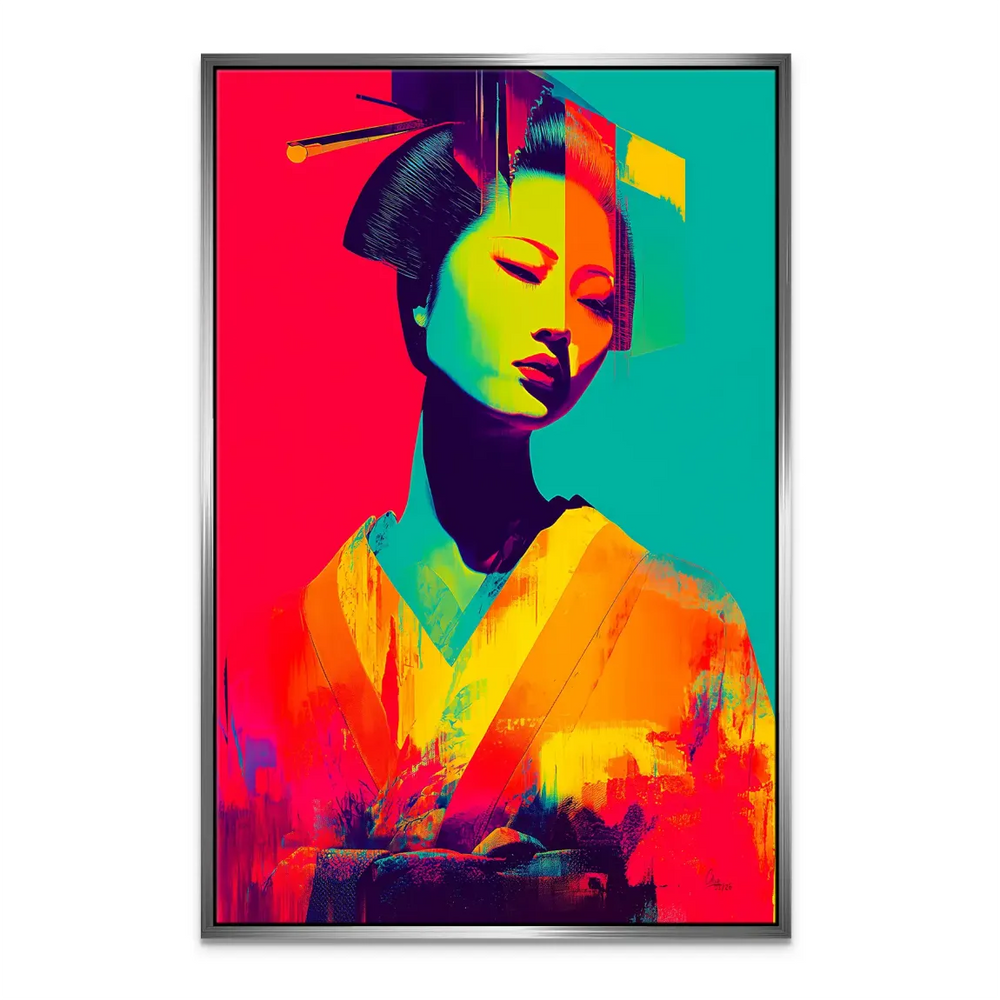 Vivid neon geisha canvas piece suited for modern living spaces.