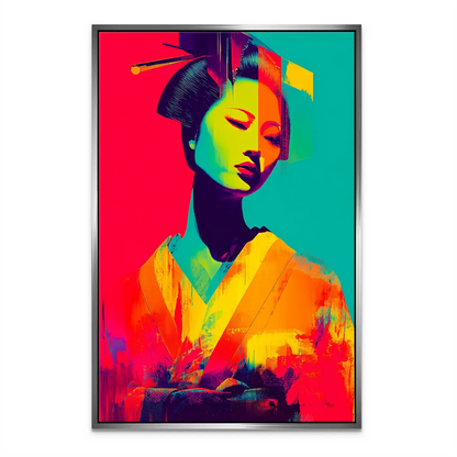 Vivid neon geisha canvas piece suited for modern living spaces.