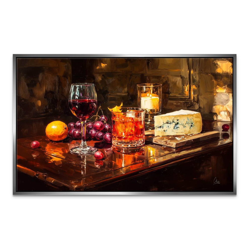 Deep red, amber, and gold tones with subtle blue accents in a luxurious wall art scene.