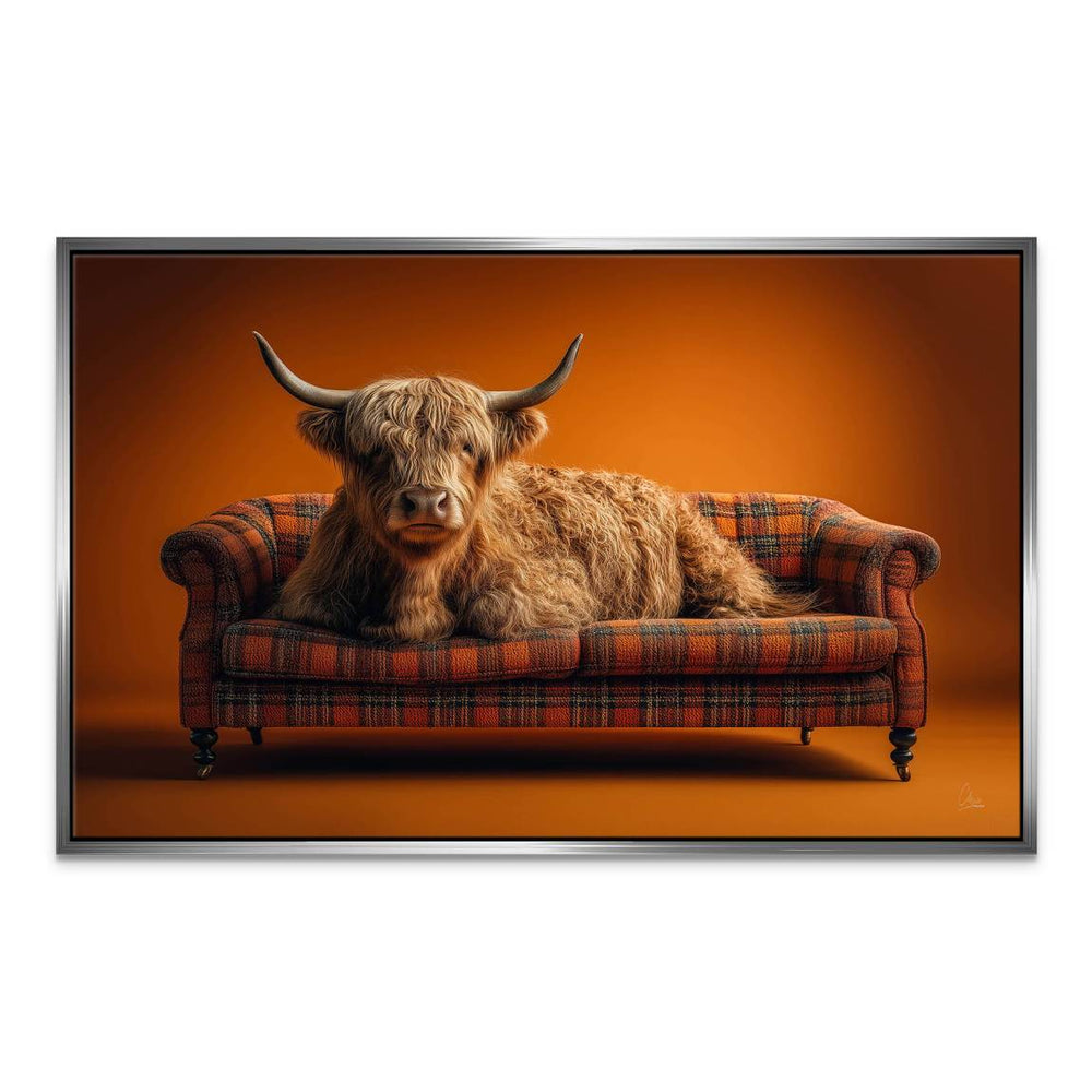 Modern rustic canvas artwork blending realism and whimsy with a Highland cow.