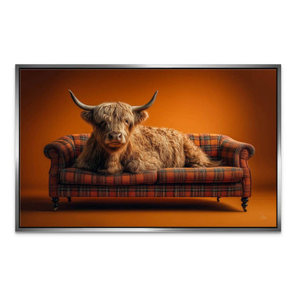 Modern rustic canvas artwork blending realism and whimsy with a Highland cow.