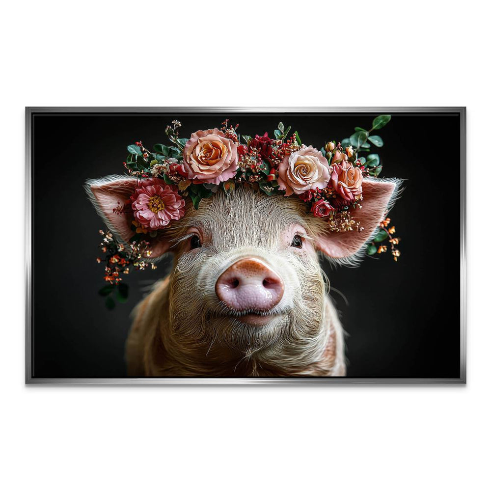 Elegant wall art of a piglet among pink flowers on gray background