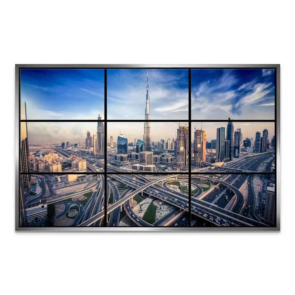 Futuristic Dubai architecture highlighted by a blue and golden palette