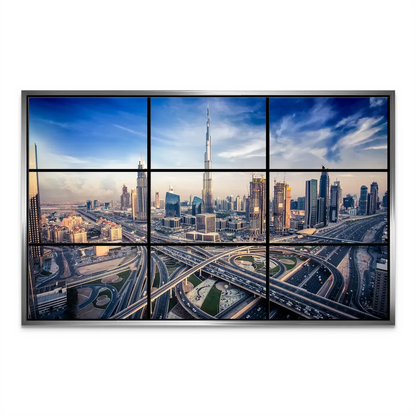 Futuristic Dubai architecture highlighted by a blue and golden palette