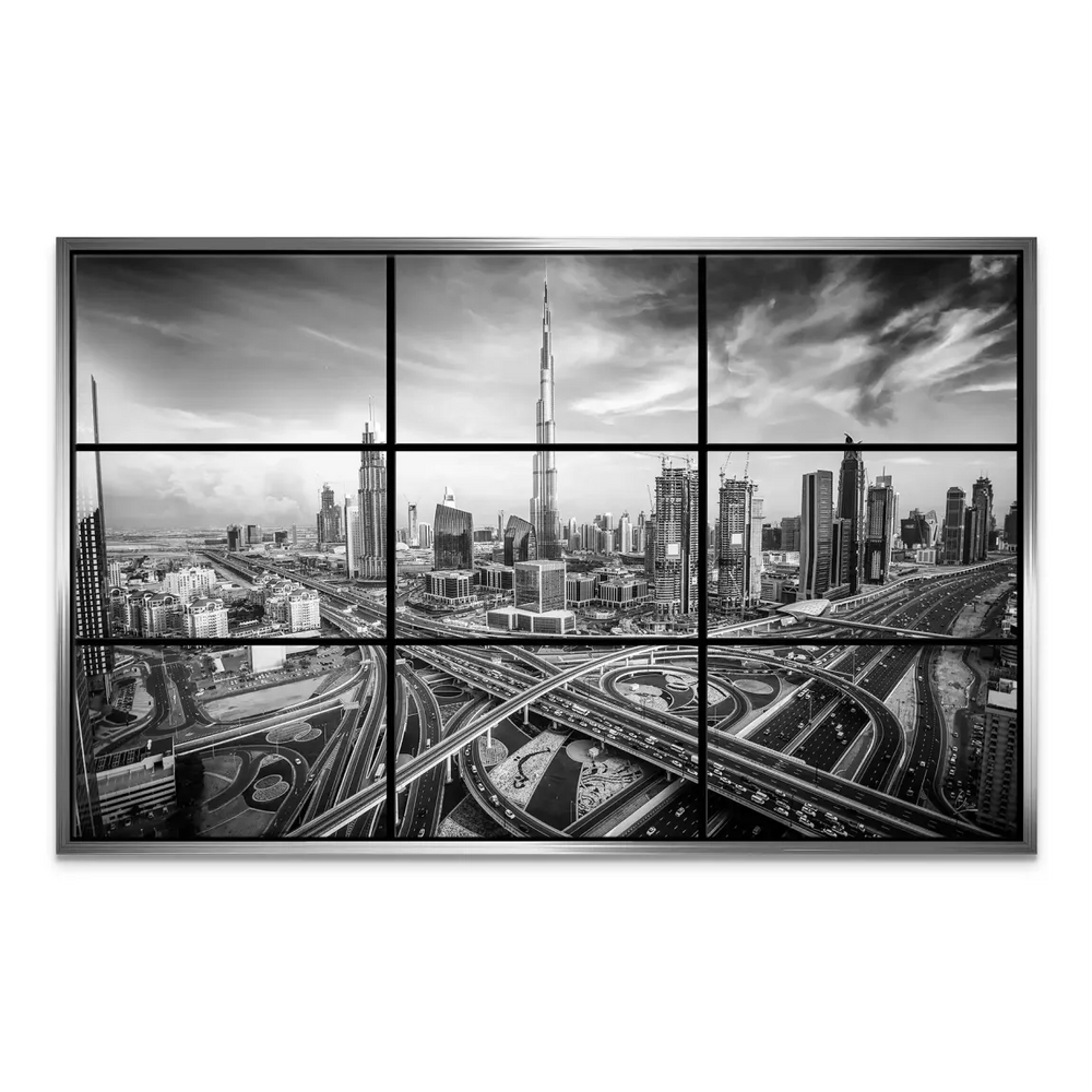 Panoramic strip showing Dubai's skyline with interconnected roads and contemporary architecture in black and white