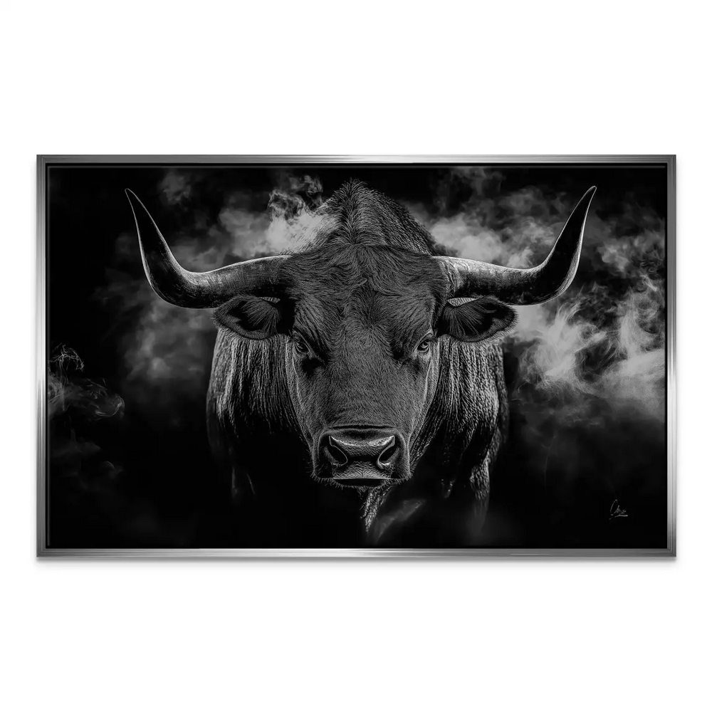 Industrial-style bull canvas art for living rooms or offices
