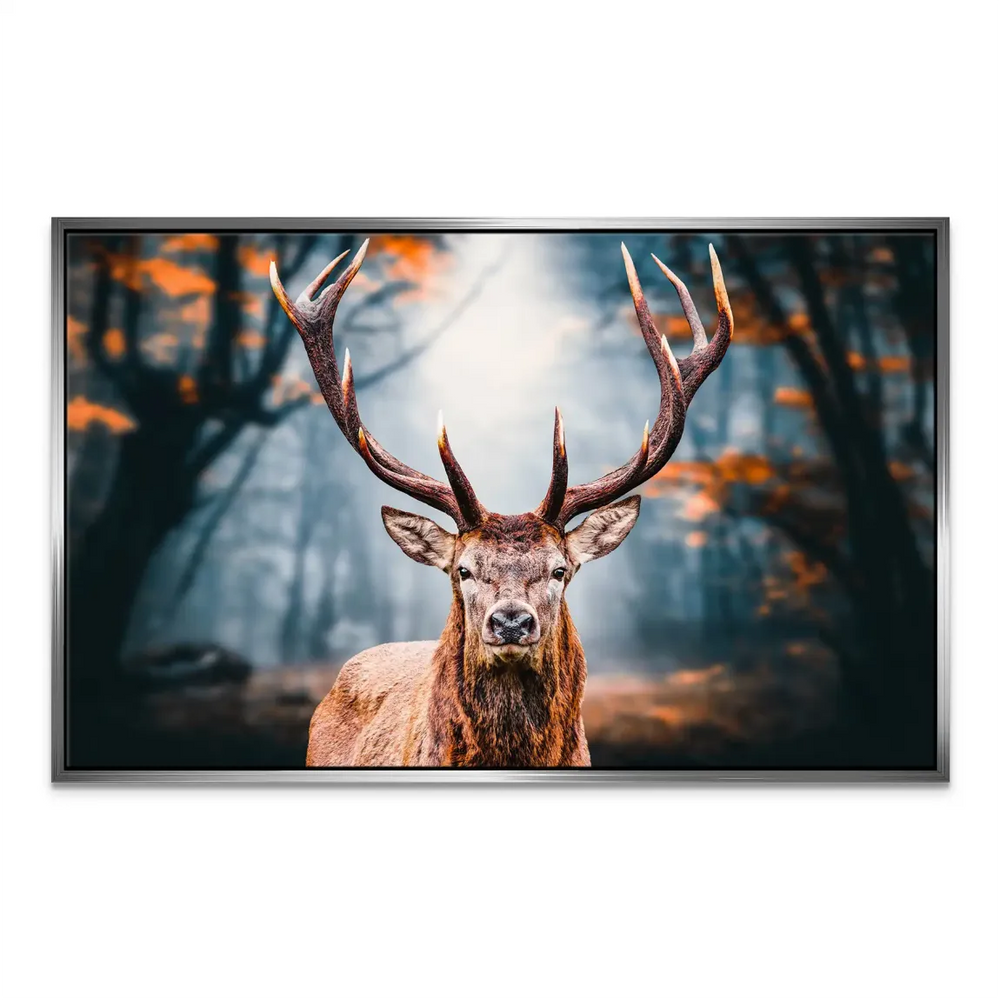 Rustic-modern wildlife wall art featuring a deer in a serene forest.