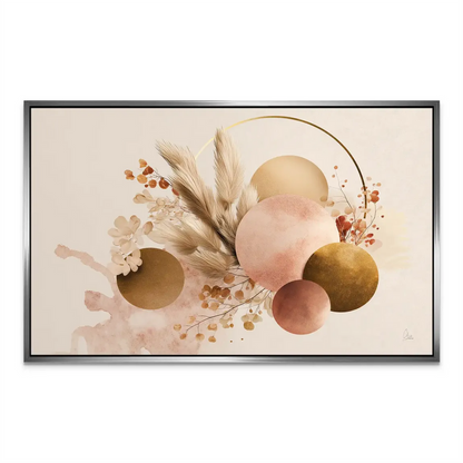 Golden ring framing a delicate arrangement of spheres and botanical accents.