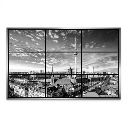 Rightmost panel completes the window-like panorama with a blend of historic and contemporary Berlin architecture