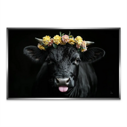 Animal portrait wall art: cow wearing flowers