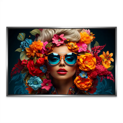 Energetic, joyful wall art featuring a stylish woman and a bright flower palette