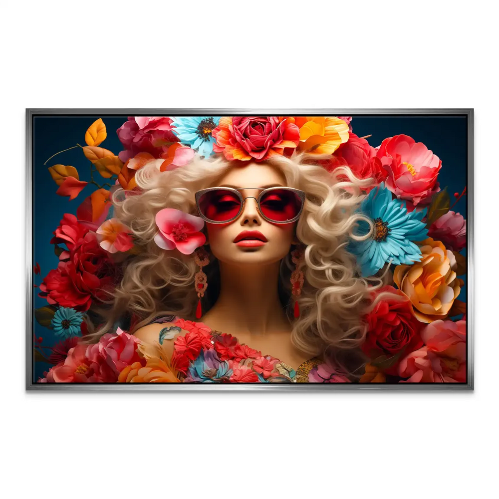 Bohemian inspired wall art with a glamorous floral portrait and vibrant color palette.