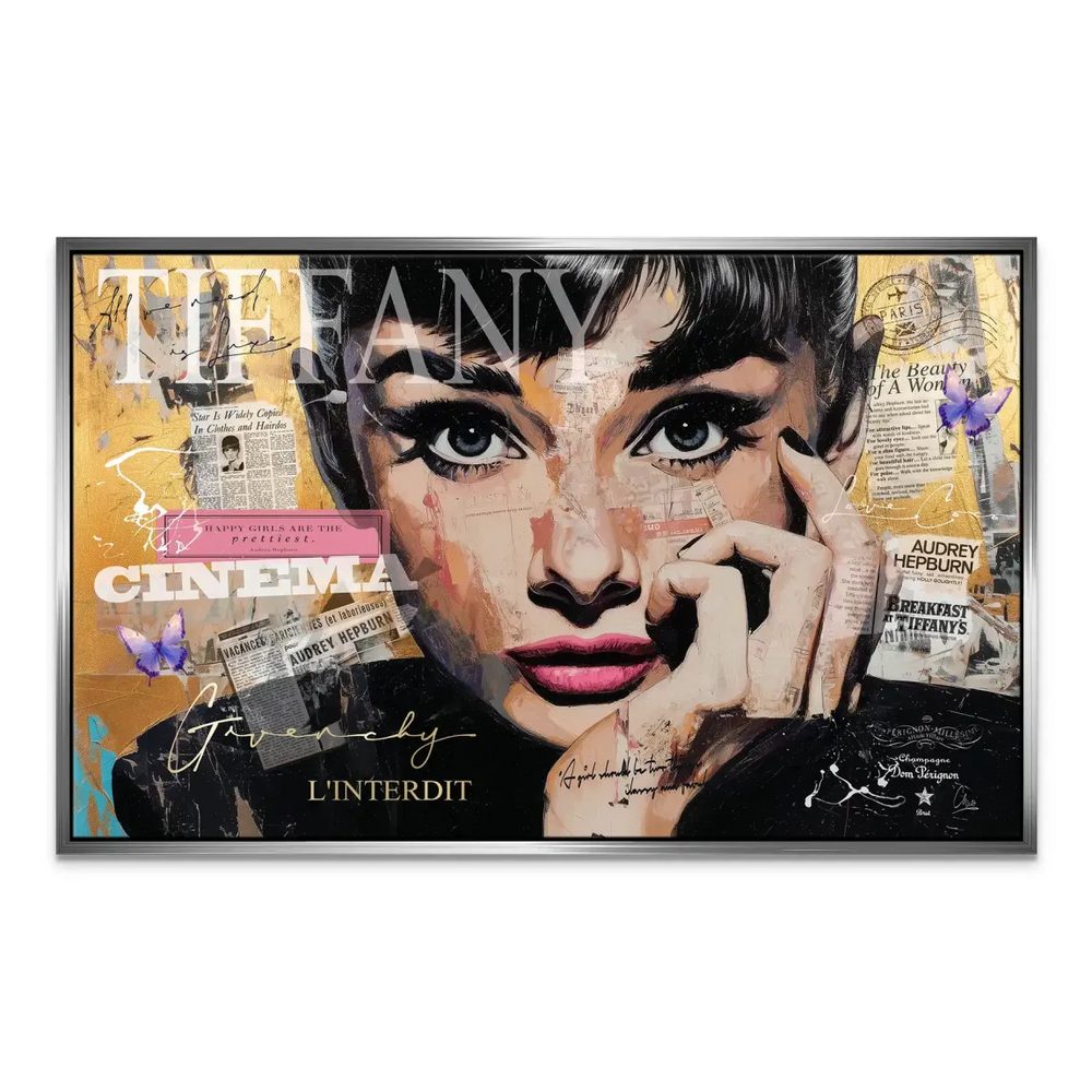 Interior shot: the Audrey Hepburn pop art canvas displayed in a modern living room.