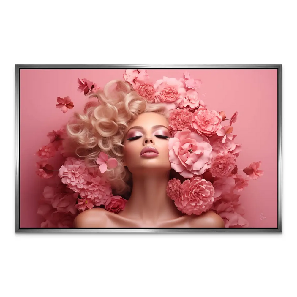 High-fashion canvas portrait with pink flowers and serene expression.