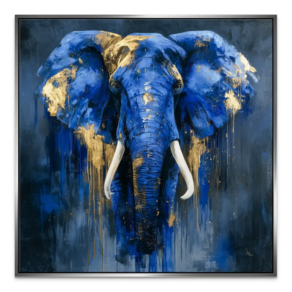 Blue-toned elephant abstract artwork with dramatic brushstrokes