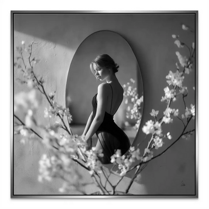 Velvet Muse Canvas Portrait - Black and White Woman Reflected in Mirror - Image 6