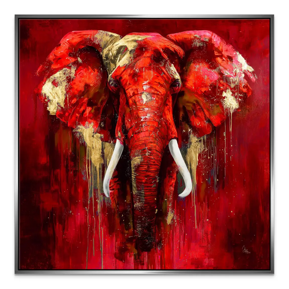 Eclectic interior art piece: red elephant canvas painting with metallic embellishments