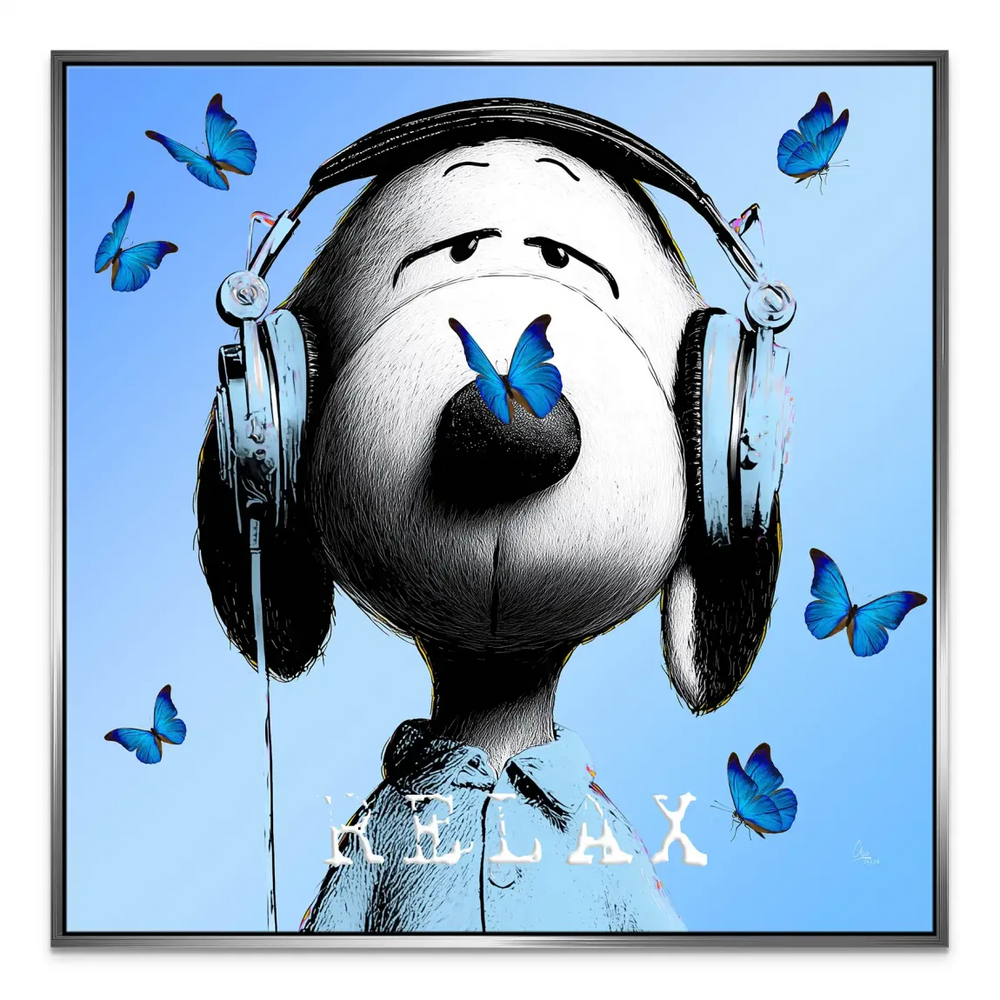 Whimsical Snoopy Relax canvas art displayed in a bright room