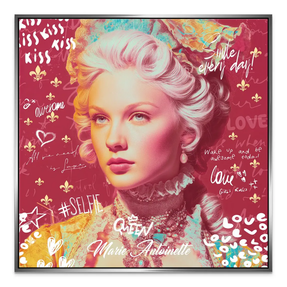 Vibrant red background with graffiti-style messaging and regal accents.