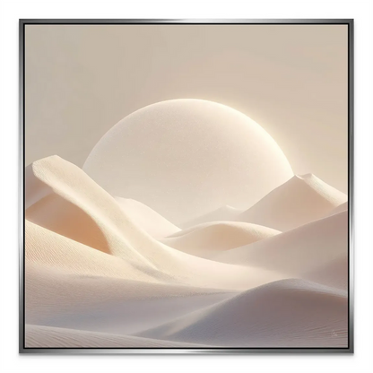 Minimalist desert landscape wall art with soft shadows and a luminous orb.