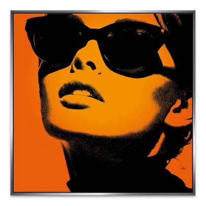 Mysterious fashion icon on an amber-toned Pop Art canvas.