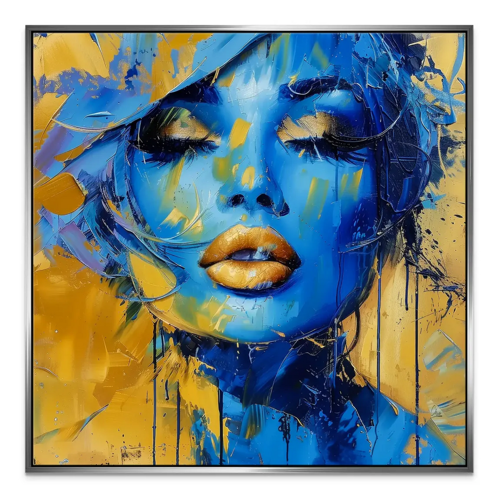 The Woman Canvas Portrait: Abstract Blue Portrait with Gold Lips - Image 6