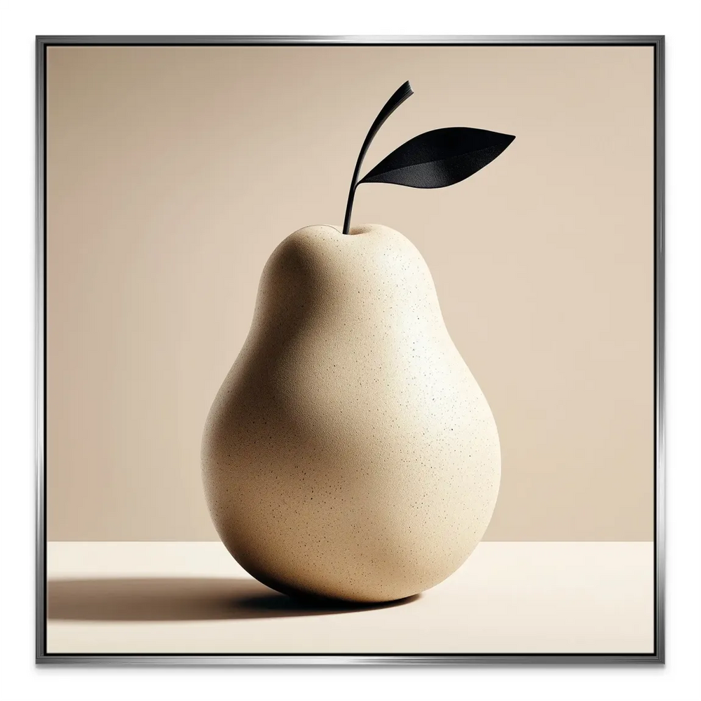 Wall art of a single stylized pear in beige tones with a dark stem.