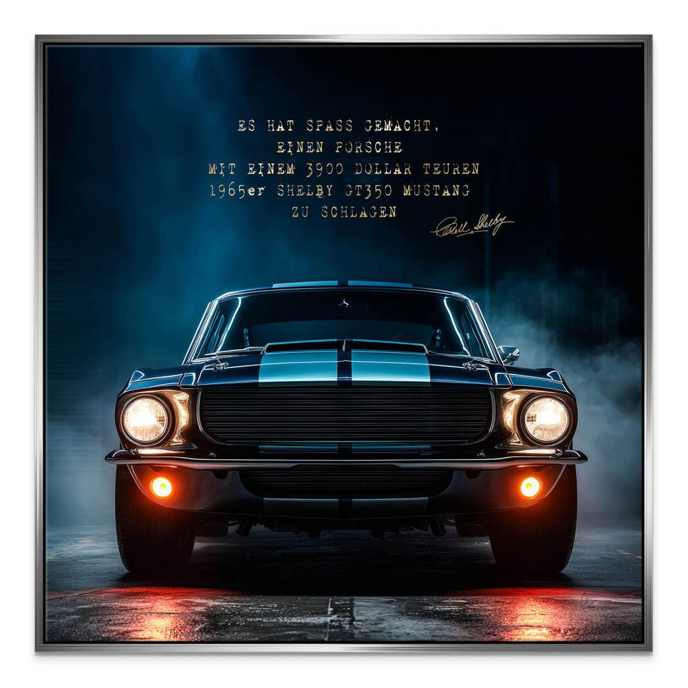 Dramatic canvas print of a front-facing Shelby Mustang with amber highlights