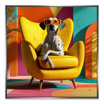 Mid-century modern style illustrated dog art with saturated colors